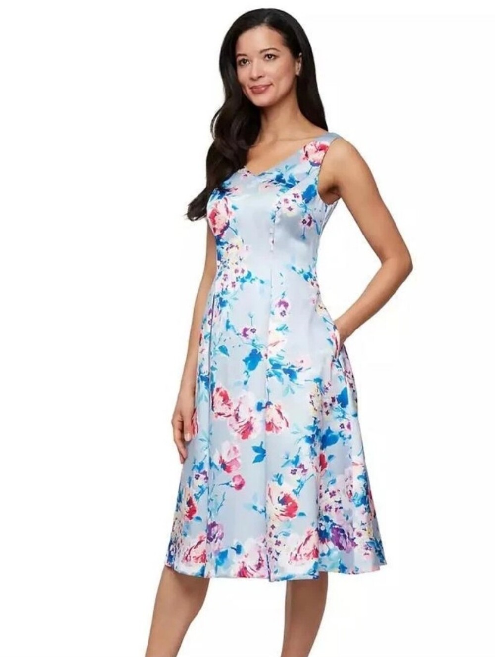 Alex Evenings NWT Size 10 Lilac Blue Floral Fit Flare Midi Dress $299 Formal